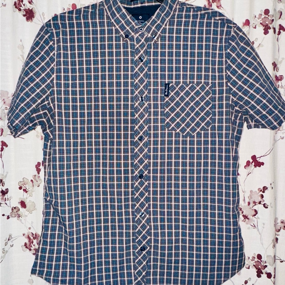 Ben Sherman Navy Plaid S/S Button Down Shirt - Stretch - Regular Fit